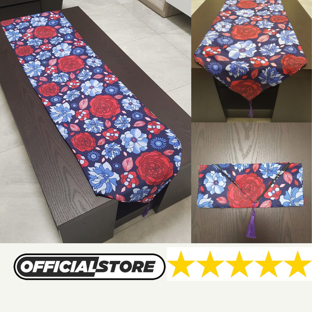 Taplak Meja Ruang Tamu Tengah Table Runner Panjang Motif Bunga 2 Sisi Motif Bunga Bahan TC Model Bol