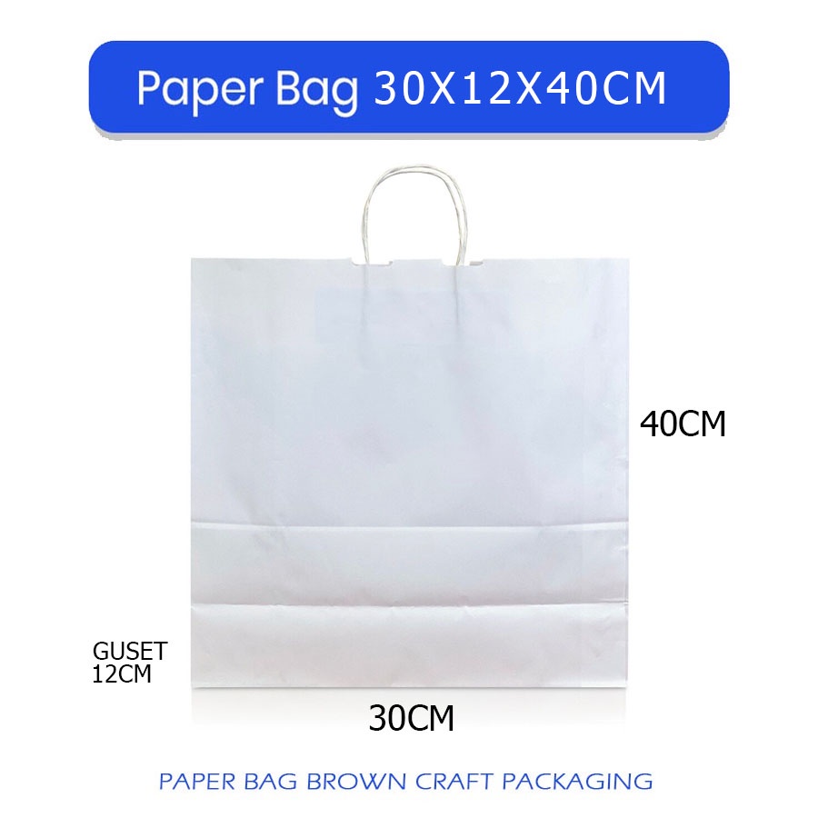 

Pape Bag Warna Putih Polos 30x12x40 cm Papper Bag Kertas Kado Souvenir Packing Olshop Hampers Murah