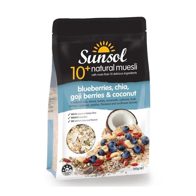 Sunsol 10+ Natural Muesli Blueberries, Chia, Goji Berries, Coconut 500g