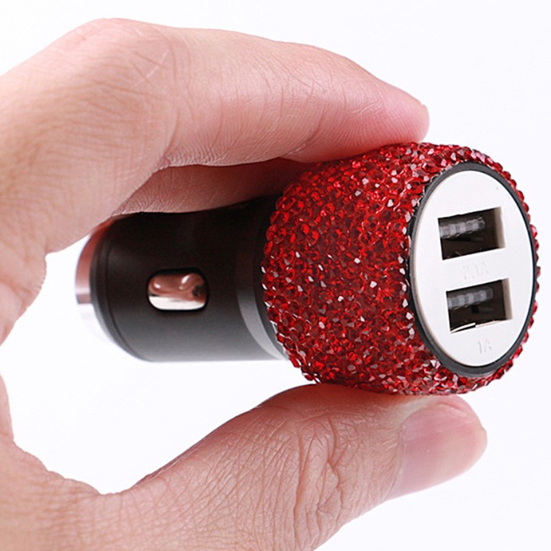 (LUCKID) Kabel Charger Dual Port USB Aksen Berlian Imitasi Bling Untuk Mobil