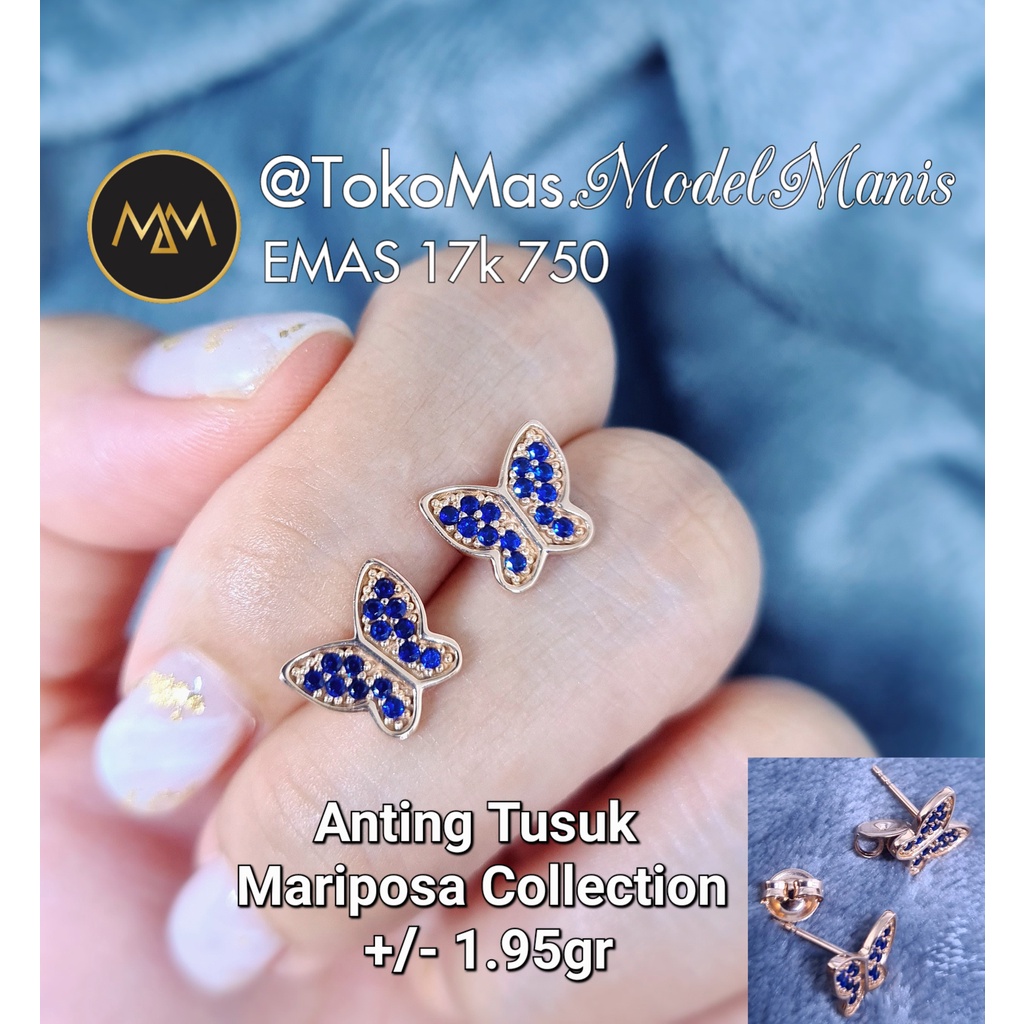 Anting Giwang Butterfly Biru Electric Mariposa Collection emas rosegold 750 kadar 17k