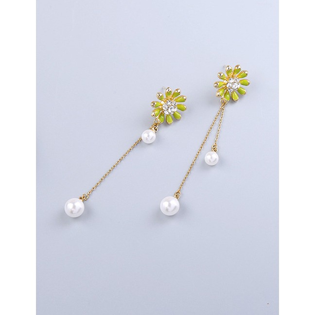 LRC Anting Tusuk Fashion Long Drop Glaze Flower S925 Sterling Silver Pearl Earrings Pearl D09027