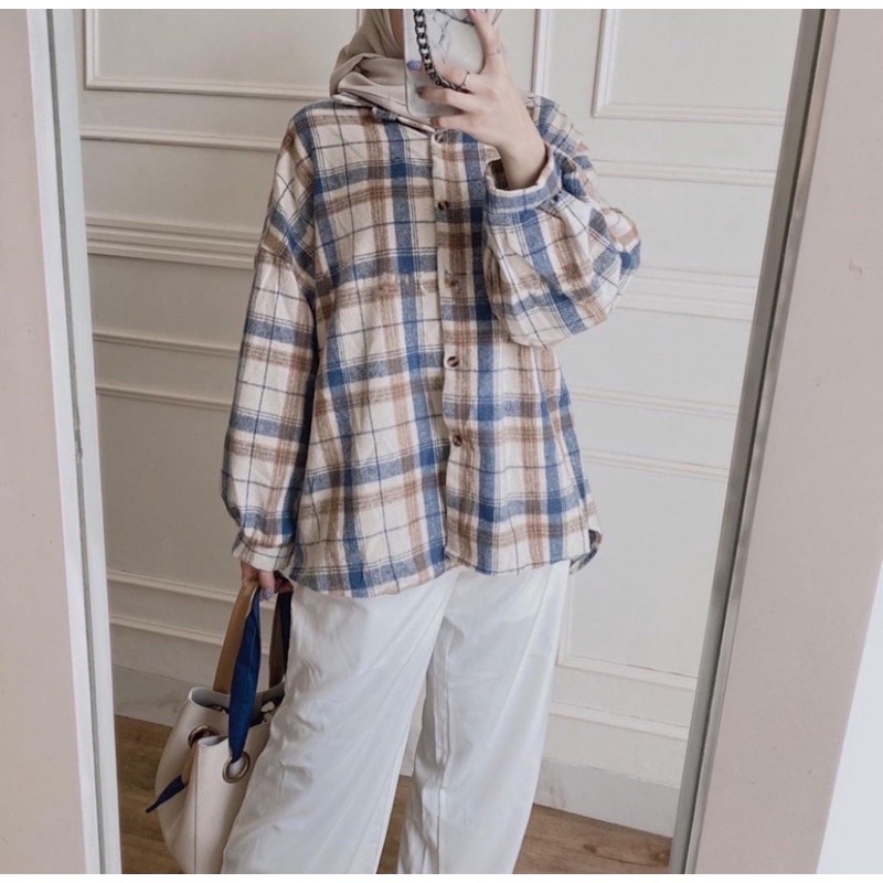 Kimberly Flanel Shirt / Kemeja Flanel / Kemeja Flanel Oversize-Cream navy Ld 130