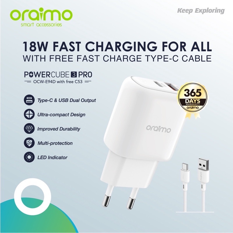 Oraimo OCW-E94DC PowerCube 3 Pro Charger Dual Port Fast Charging - Garansi 1 Tahun