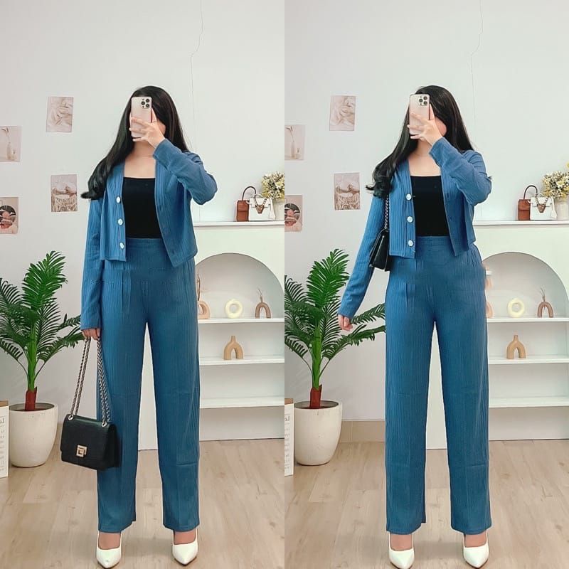 Knit Set Meera Crop Korean Cardigan and Pants Knit Premium  Baju Atasan dan Celana Wanita