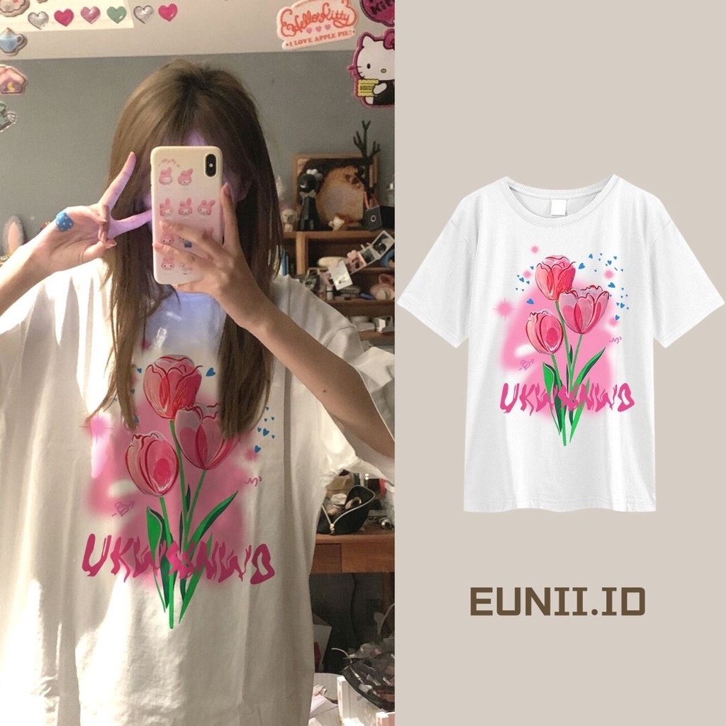 EUNII T-shirt Lengan Pendek Cetak Tulip Korean Style/Kaos Atasan Wanita/Baju Kaus Oversize Wanita