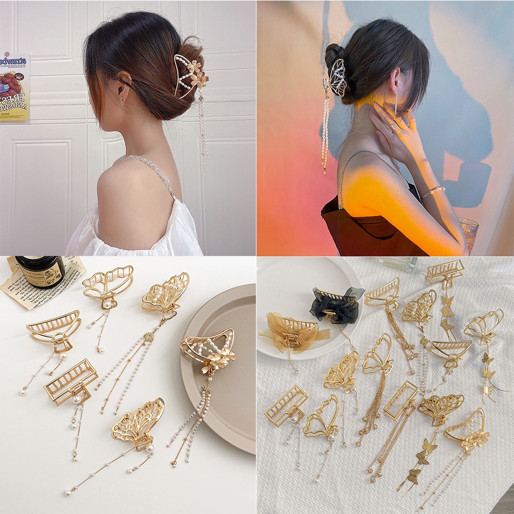 IFYOU Fashion Butterfly Gold Claws Clip Pearl Tassel Metal Hair Clip Women Hair Accessories Gift