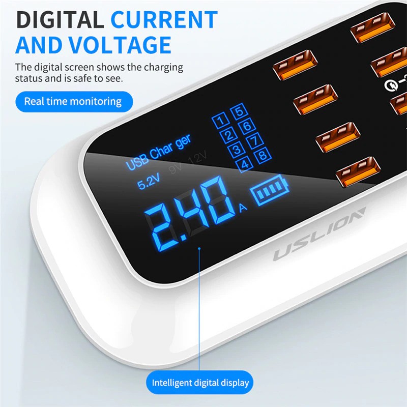 USLION Charger USB Charging Station USB Type C + Type A 8 Port LED Display - White - 7RUA30WH