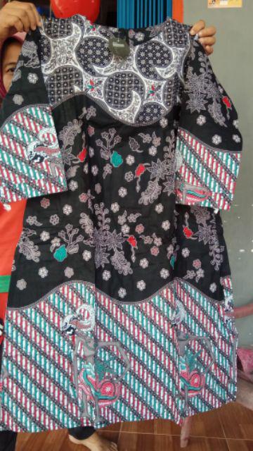 Tunik Batik Grey Tiga Negri Parang Kawung Colet Printing Zipper Belakang Tangan Serut Cantik