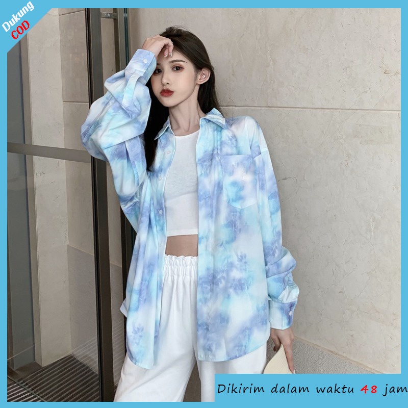 [CUCI GUDANG]Fashion Baru Wanita Korea Tie Dye Kemeja Sifon Longgar Lengan Panjang/Atas Lengan Pendek