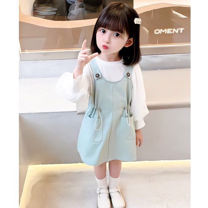 NEW DR28-Dress Overall Anak Perempuan 2in1 Fluffy Shoulder