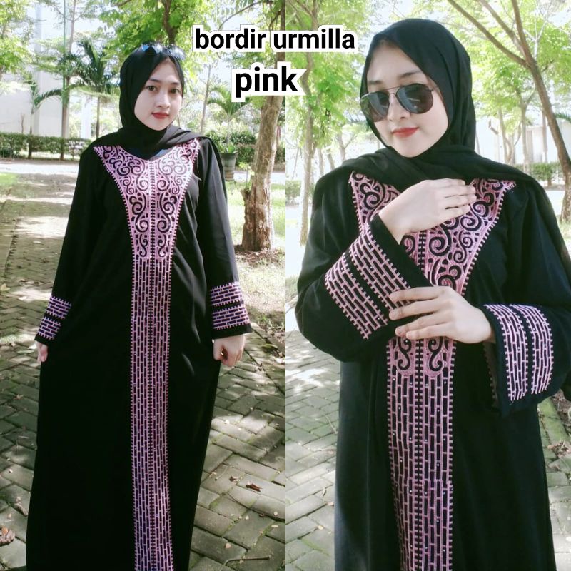 abaya bordir urmilla coksu&pink retsleting belakang abaya bordir arab kekinian,busana muslimah,abaya