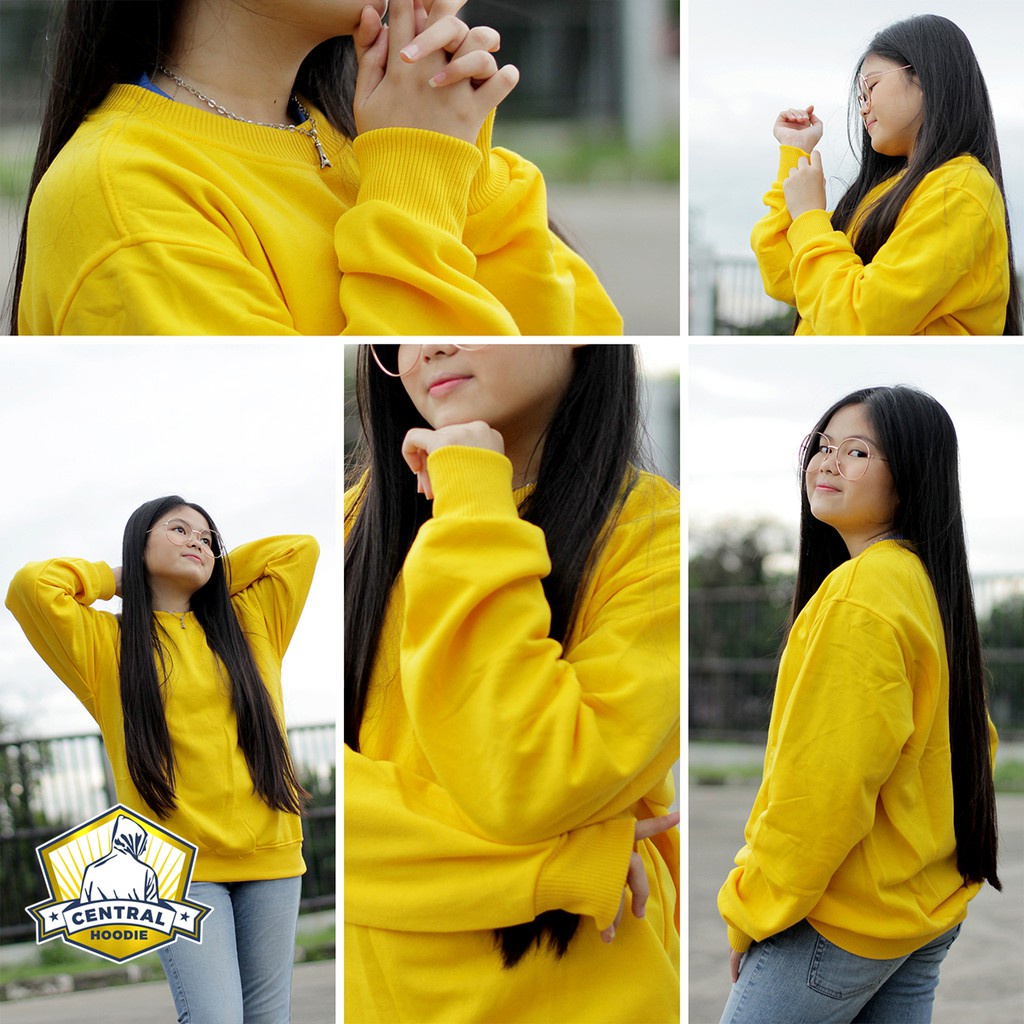 Sweater crewneck polos wanita Yellow Kuning bahan Pe fleece