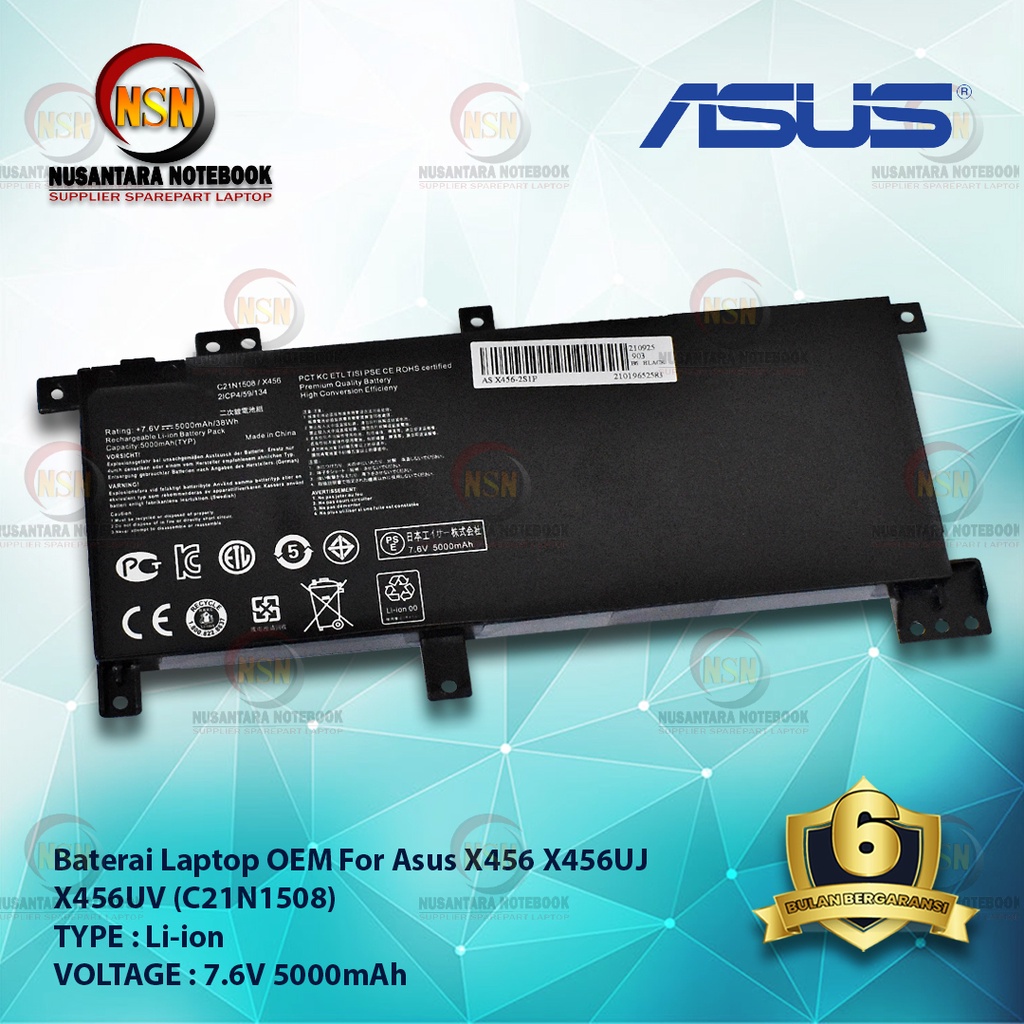 Baterai OEM Laptop For Asus X456 X456UJ X456UV C21N1508 7.6V 5000mAh