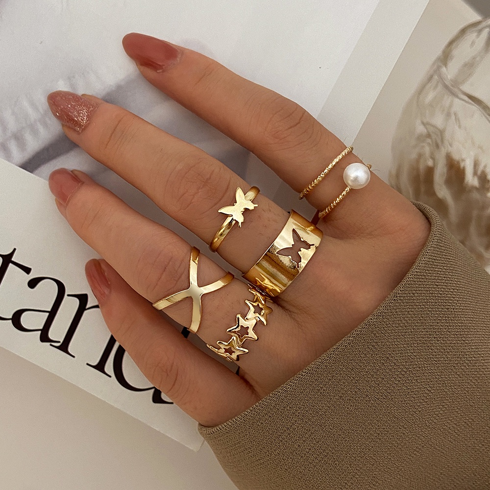 5Pcs/set Fashion Butterfly Pearl Ring Set Retro Geometry Gold Rings Women Jewelry Accessories Gift