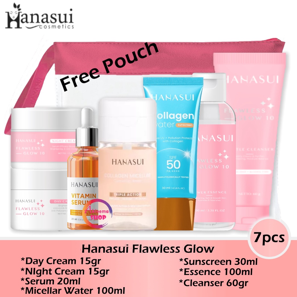 Paket Hanasui Flawless Glow 7pcs (day cream 15gr+night cream 15gr+serum kuning 20ml+Micellar 100ml+essence 100ml+cleanser 60gr+Sunscreen 30ml)