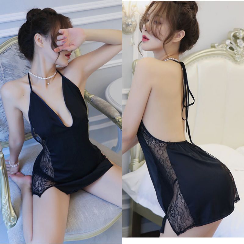 Night Dress Lingerie Backless Bahan Satin Renda Samping Hitam Merah