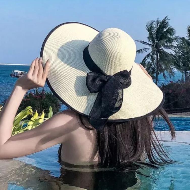 ☉ Topi pantai lebar list hitam / topi pantai dewasa / Topi pantai lebar ☏