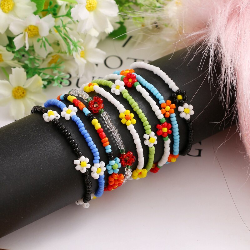 Colored Bead Anklets for Women Dasiy Flower Anklet Summer Ocean Beach Ankle Bracelet Foot Leg Chain Jewelry