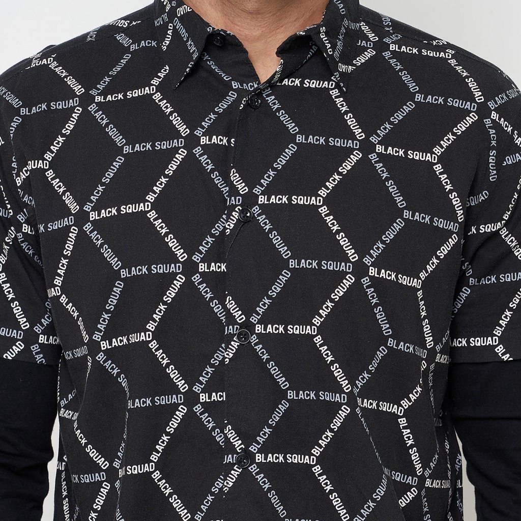 FSBN Kemeja Pria Long-Sleeved Shirt Black Squad Print Viscose Original