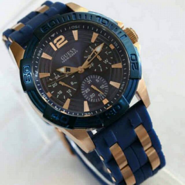 Jam Tangan Pria Elegant Exclusive GUESS Master Original Watch Blue Rosegold Limited