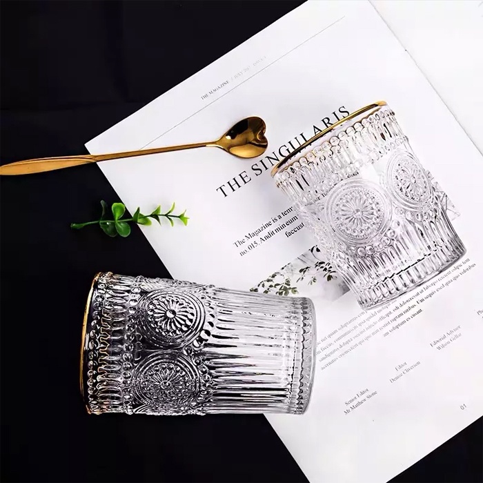 Gelas Kaca Retro Vintage Gelas Astetik Embossed Sun Flower Cup 300ml