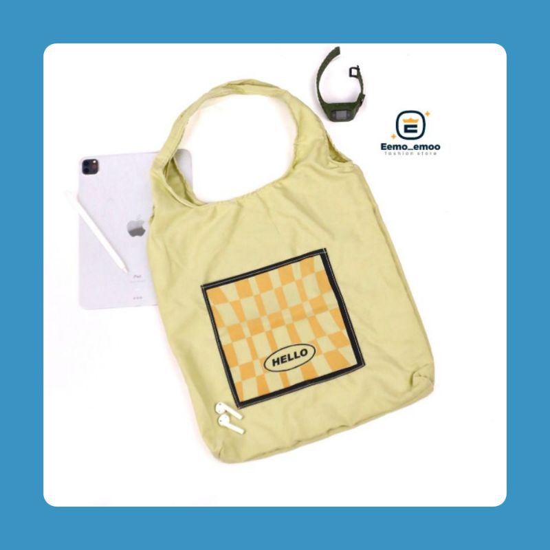 TOTEBAG Sablon HELLO Korean Style Tote Bag Canvas Kekinian Murah EMOEMO