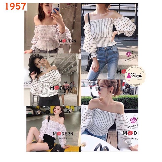 Blouse korea murah / blouse cewek lucu / baju sabrina murah / blouse crop cantik / baju pantai /1957