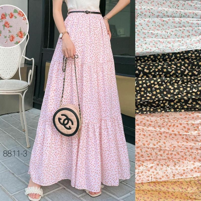 [Bisa COD] Classic Retro Flower Pleated Skirt Import Premium + Belt