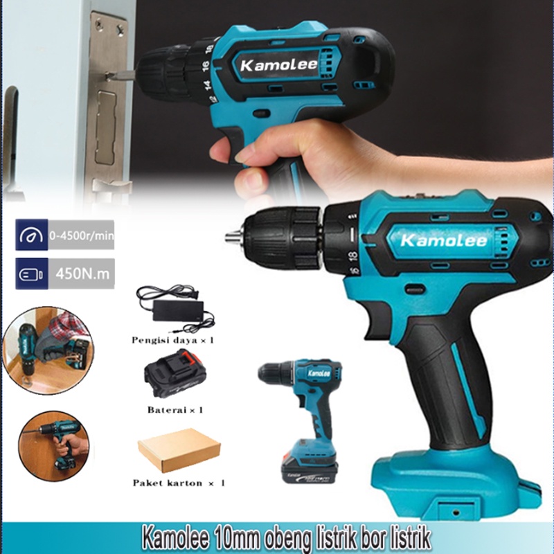 Kamolee Alat Tanpa Kabel Bor Listrik Charge18V 10mm Portabel Bor Listrik Obeng Bor Listrik 450N.m Ob