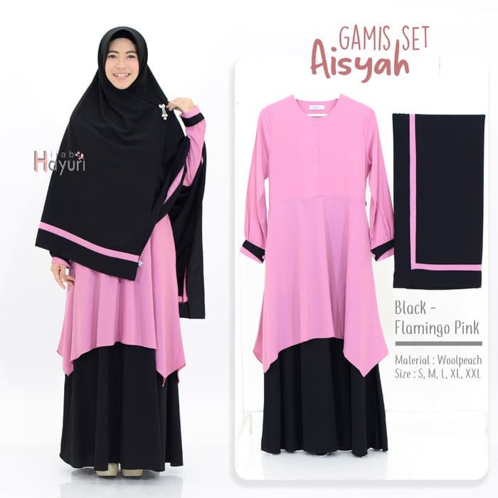 PREMIUM HIJAB HAYURI GAMIS SET AISYAH BAHAN WOLFIS WARNA BLACK - FLAMINGO PINK