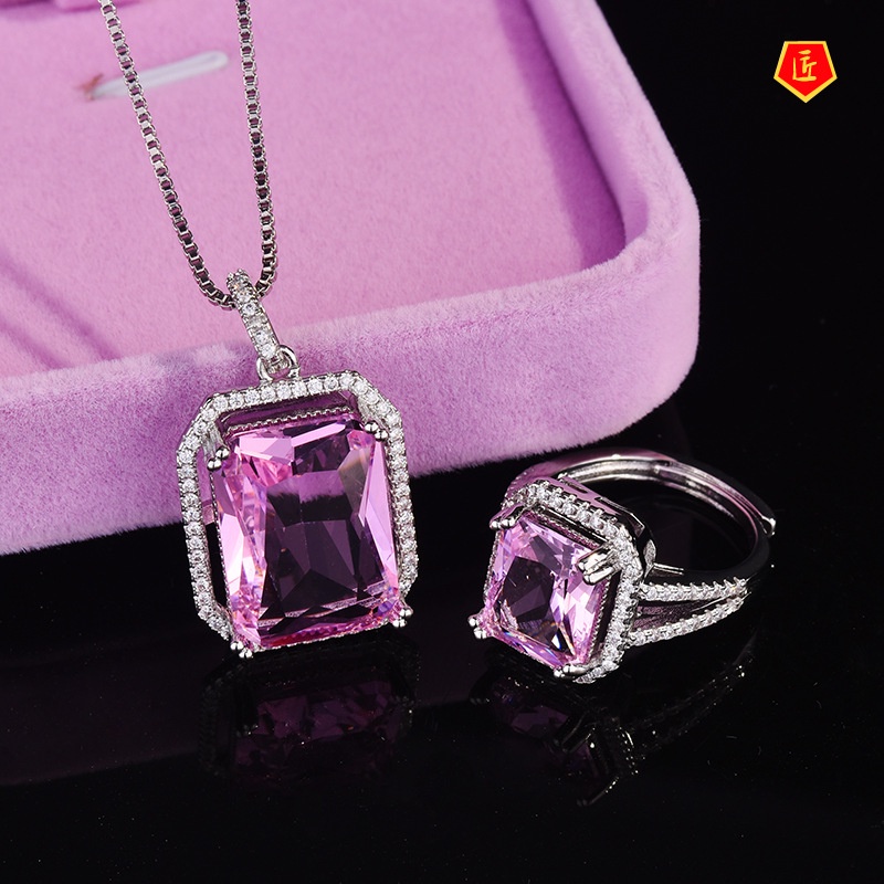 [Ready Stock]High-End Luxury Elegant Rectangular Pink Tourmaline Open Ring