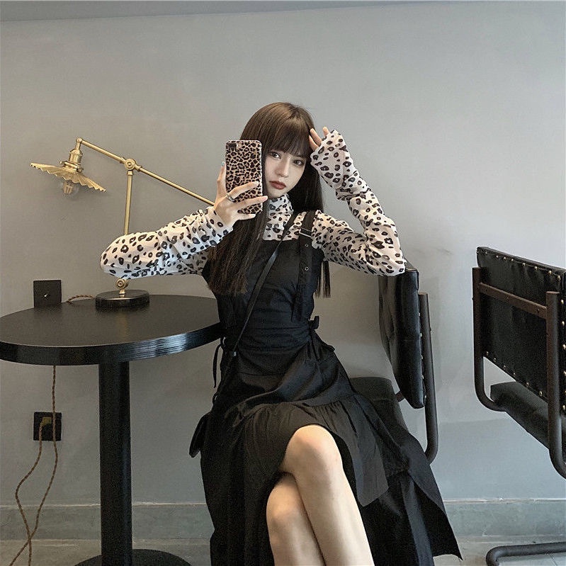 Setelan rok wanita leopard print bottoming shirt + HyunA suspender dress two-piece set