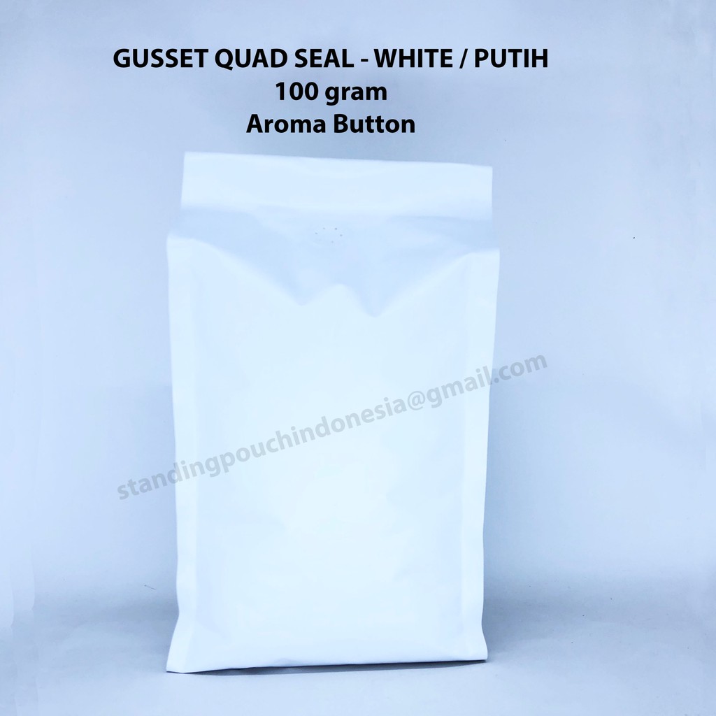 

Kemasan Kopi Gusset Quad Seal 100g (50PCS) ( VALVE ) - PUTIH *PREMIUM*