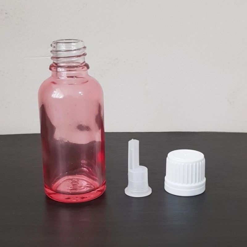 botol kaca 30ml tebal pink clear tutup filler putih