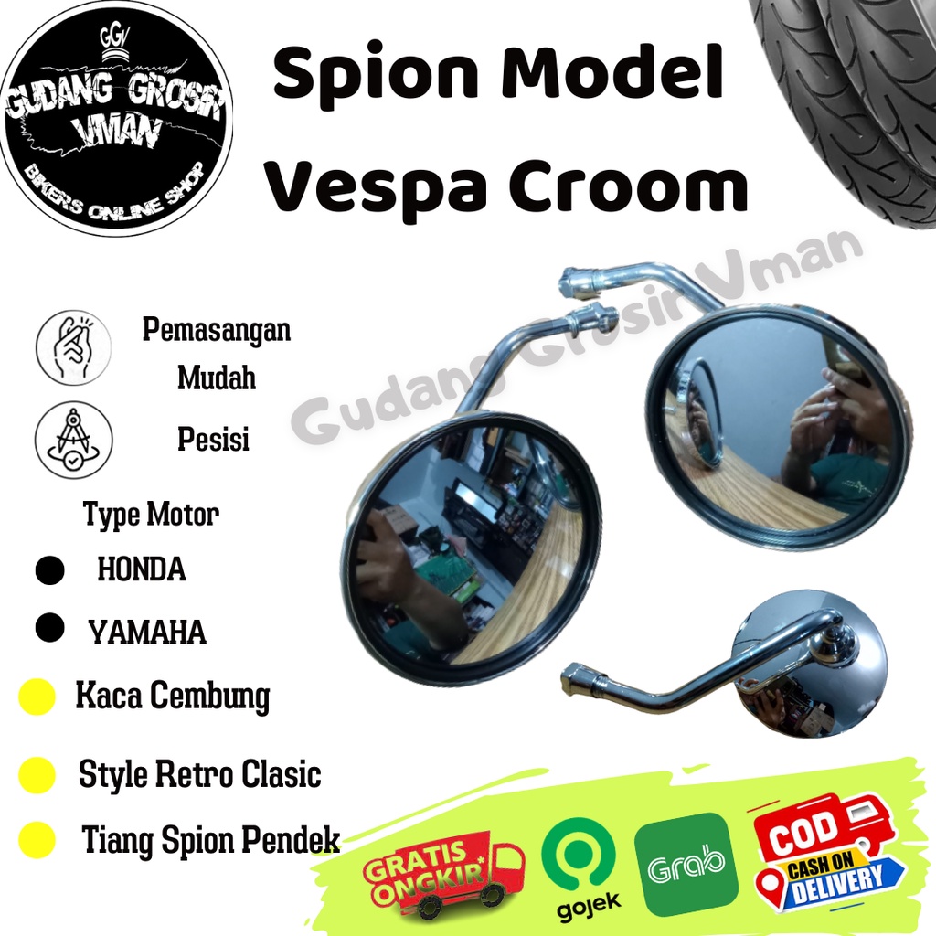 Spion Bulat Model Vespa Tiang Pendek Kecil Kaca Cembung Warna Croom Tipe Japstile Clasic Retro