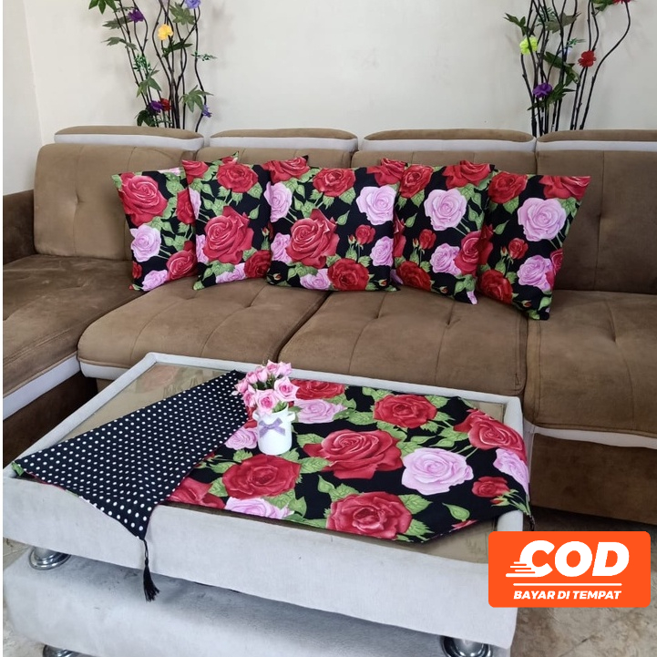✅COD PAKET SARUNG BANTAL KURSI SOFA SET 5 PCS 40x40 + TAPLAK MEJA TAMU PREMIUM MEWAH ANEKA WARNA DAN