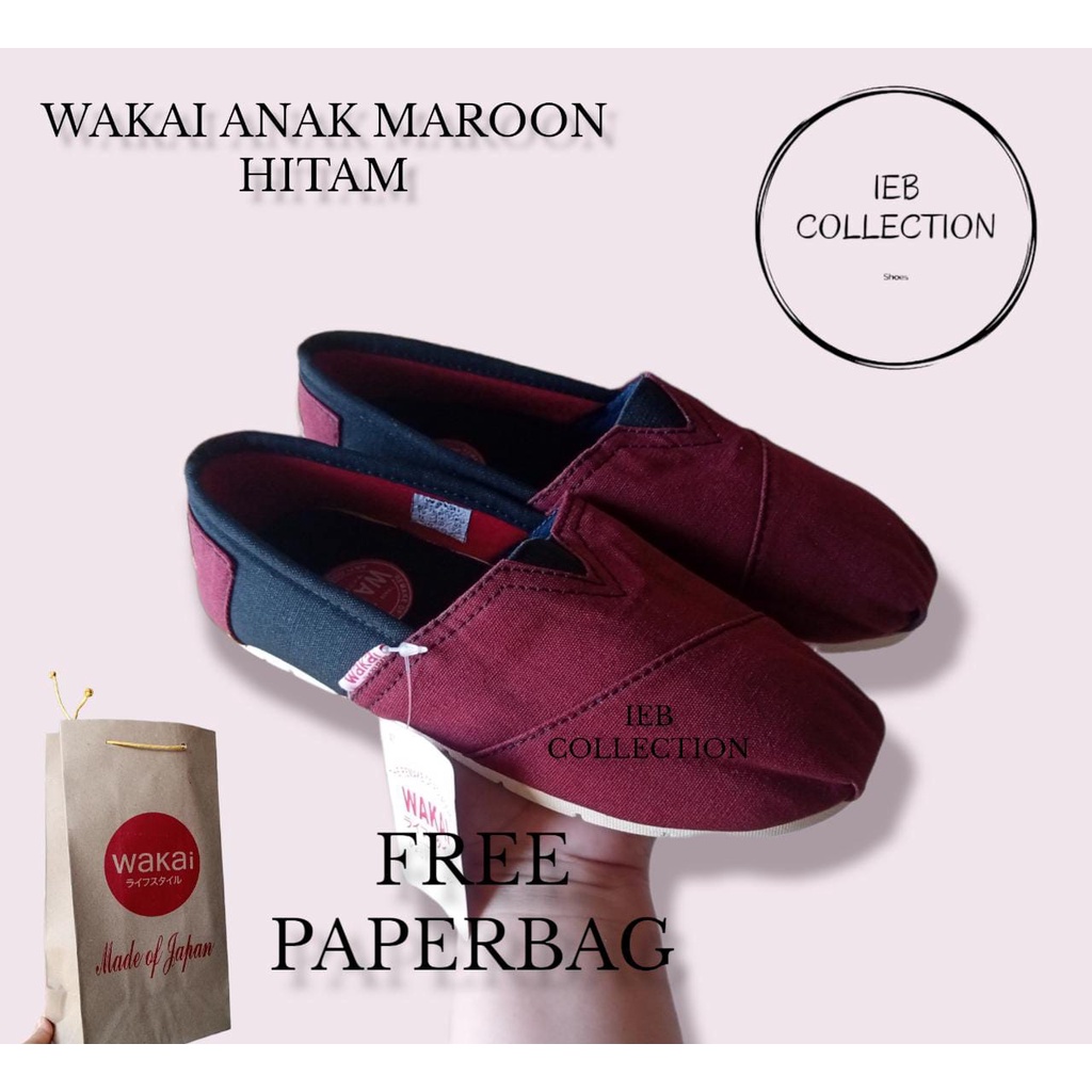 sepatu wakai slip on anak maroon hitam unisex size 25-35