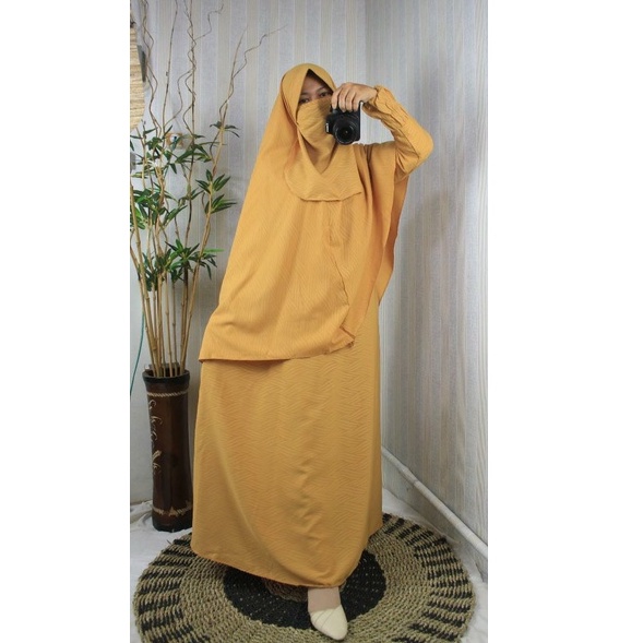 Gamis syari set cadar EMBOS LINE DAUN wolfis wopeach free cadar muran khimar non PET PED bandana