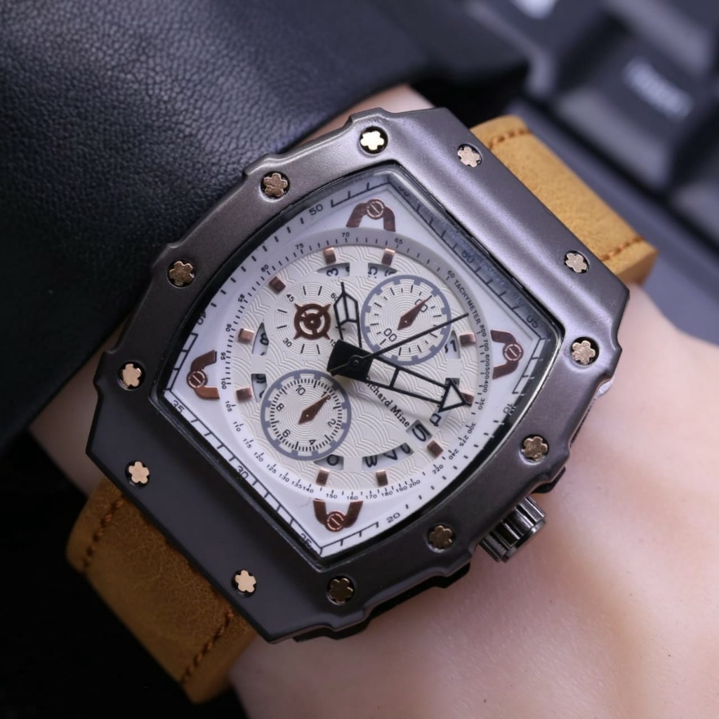 jAM TANGAN PRIA COWOK MURAH RM ANALOG CHRONO OFF STRAP KULIT SINTETIS