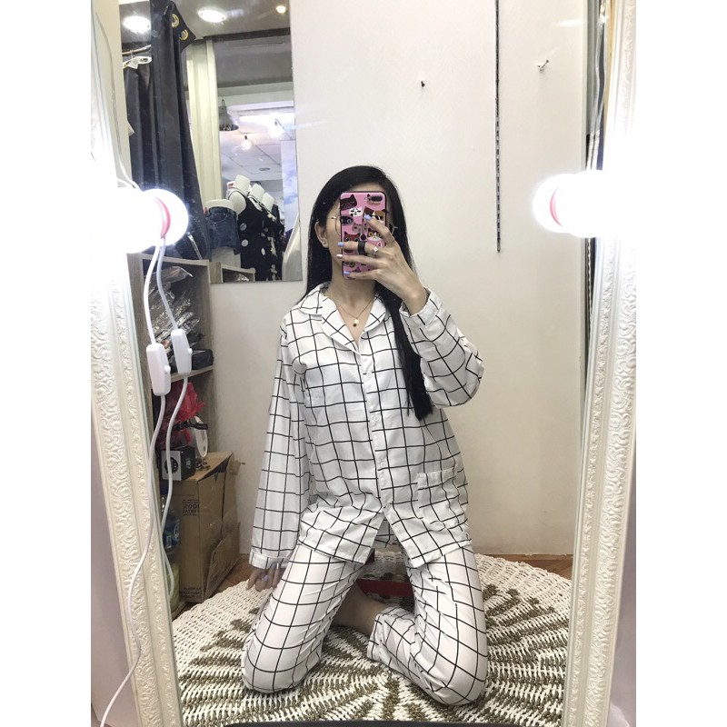 piyama/pajamas kotak&quot; PP putih murah.homewear/sleepwear/bajutidur cwe PP tartan white kekinian