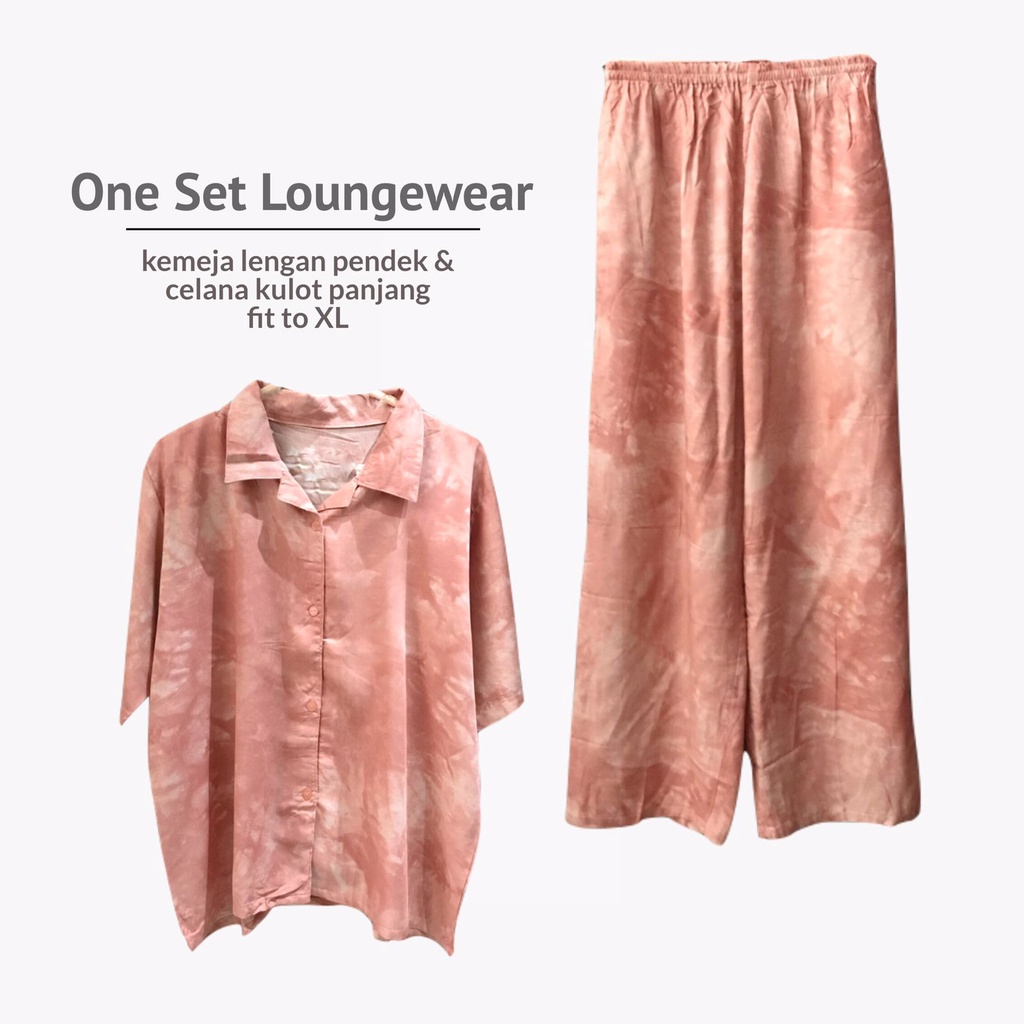 Baju Tidur Set Loungewear One Set Tie Dye Rayon Printing Baju Kemeja Setelan Pajamas piyama Wanita Halus Adem Pink Panjang