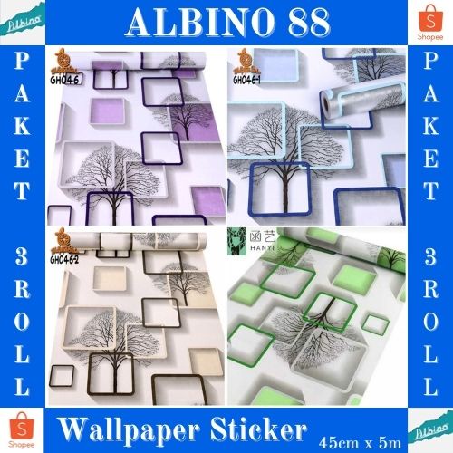 BAYAR DITEMPAT- PAKET 3ROLL WALLPAPER STICKER TERMURAH PVC PREMIUM QUALITY MOTIF KOTAK 3D SQUARE