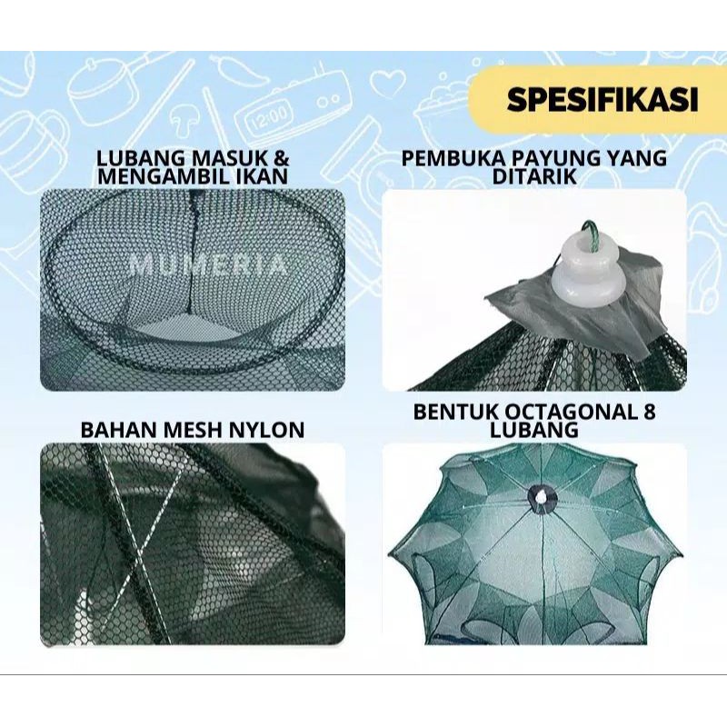 Payung Bubu Jaring Jebakan Perangkap Udang ikan Kepiting Model Payung 8 Lubang,16 lubang,20 lubang