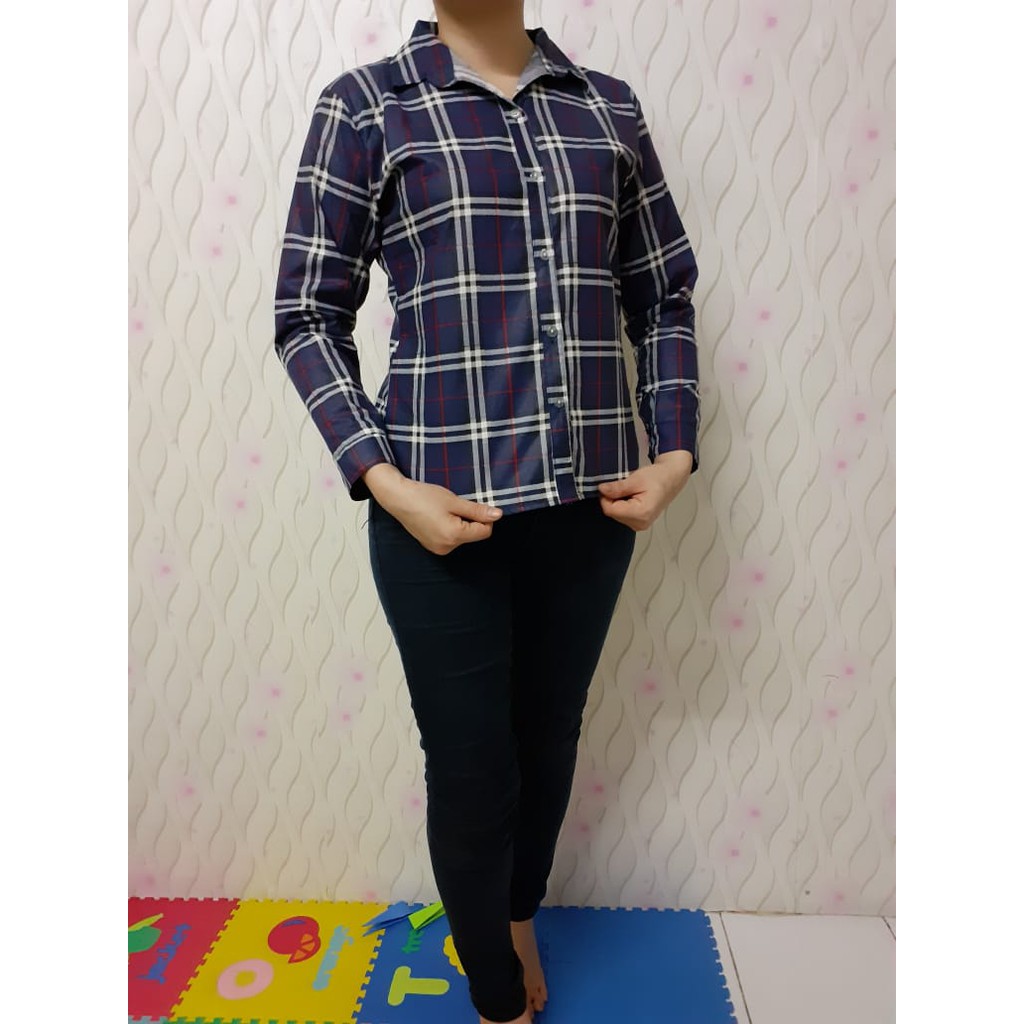 westylis Kemeja Wanita Kotak / Kemeja Burbery Wanita Lengan Panjang 2W / Size L Fit XL /Kemeja Pesta-HEM NAVY L