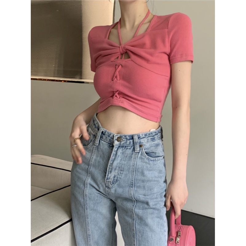 Spice Girls Hang Neck Slim Lengan Pendek T-shirt Wanita Musim Panas Baru Merah Muda Gaya Pendek Tipi