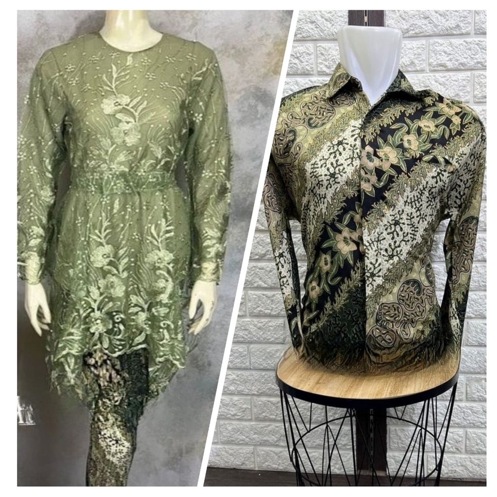 Couple kebaya tunik dengan kemeja batik//couple kemeja//kebaya tunik pesta//kebaya couple sage gren