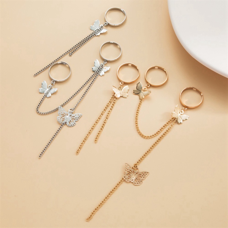 Fancyqube Set Cincin Model Terbuka Dapat Disesuaikan Desain Rantai Rumbai Kupu-Kupu Gaya Hip Hop Punk