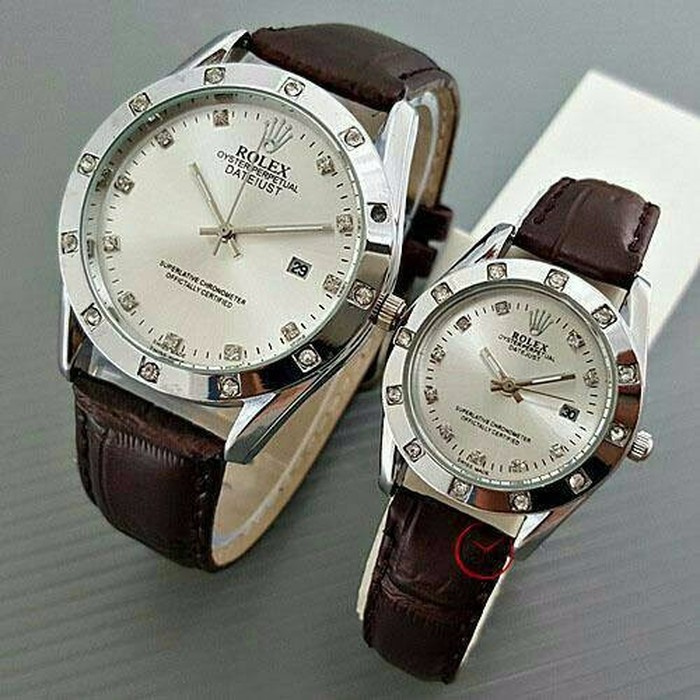 MURAH Jam Tangan Rolex Couple Tali Kulit Coklat Tua DATE **COKLAT TUA Terbatas