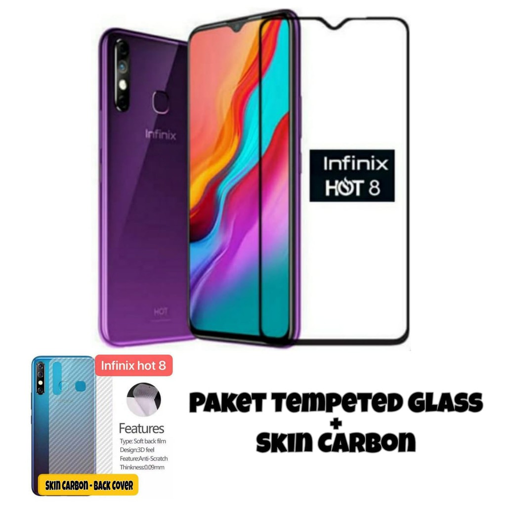 Tempered Glass Infinix Hot 8 Paket Back Skin Carbon Handphone Garskin Transparant